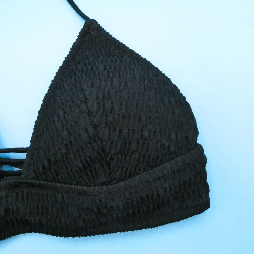 Victorias Secret Medium Black Triangle Halter Ruched Fabric Bikini Top Swimwear‎
